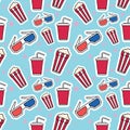 Seamless pattern of colorful movie design elements and cinema icons. Background with film symbols in vintage style. Hand drawn