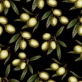 Seamless pattern of colorful olives in the engraving vintage style on black background.