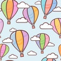 Seamless pattern with colorful outline balloons in the sky with clouds, naive and simple background, vector illustration