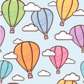 Seamless pattern with colorful outline balloons in the sky with clouds, naive and simple background, vector illustration