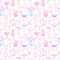 Seamless pattern colorful outline mushrooms, retro hippie style background. For vintage fabric, textile, wallpaper