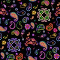 Seamless pattern with colorful paisley and flowers on black background. Print for fabric in ethnic style. Design for home textile