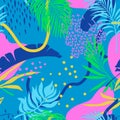 Seamless pattern with colorful palm leaves, abstract shapes. Bright colors. Exotic, tropic endless background.