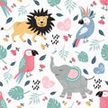 Seamless pattern with colorful parrots, lions and elephants. Cute baby style. Children's print. Royalty Free Stock Photo