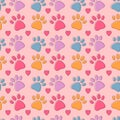 Seamless pattern with colorful pets paws. Cat or dog footprint outline cute childish bright background with hearts on pink. Animal