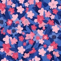 Seamless pattern of colorful pink and blue flowers and leaves. Spring or summer background. Flower meadow. Hand-drawn flat Royalty Free Stock Photo