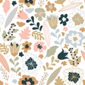 Seamless pattern with colorful pretty flowers, leaves and floral elements