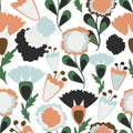 Seamless pattern with colorful pretty flowers, leaves and floral elements