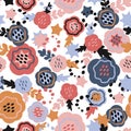 Seamless pattern with colorful pretty flowers, leaves, stars and dots. Abstract colorful design for baby products, fabric, wallpap