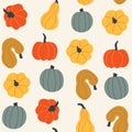 Seamless pattern of colorful pumpkins in cartoon style. Playful background of pumpkins, squash, and gourd. Autumn prints