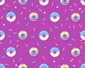 Seamless pattern of colorful rainbow sweet donuts. Junk food background