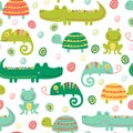 Seamless pattern with colorful reptile and amphibian