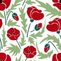 Seamless pattern with colorful retro groovy poppies with leaves