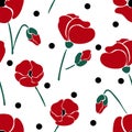 Seamless pattern with colorful retro groovy poppies with polka dot