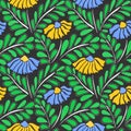 Seamless pattern with colorful retro groovy yellow and blue daisies on black. Summer textured abstract floral design in naive art Royalty Free Stock Photo