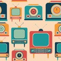 Seamless pattern with colorful retro TVs and radio receivers.