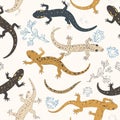 Seamless Pattern with Colorful Salamanders and Plants Royalty Free Stock Photo