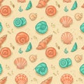 Seamless pattern of colorful seashells on a sandy beige background. The shells Royalty Free Stock Photo