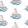 Seamless pattern with colorful ship with flag and wave