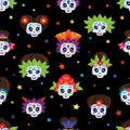 Seamless pattern with colorful skulls and stars for day of dead. Royalty Free Stock Photo