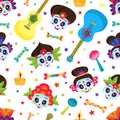 Seamless pattern with colorful skulls and stars for day of dead. Royalty Free Stock Photo