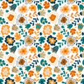 Seamless pattern with colorful small pretty flowers, leaves and floral elements