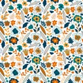 Seamless pattern with colorful small pretty flowers, leaves and floral elements