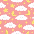 Seamless pattern of colorful smiling clouds, moon and stars on pink background. Cartoon character in flat style. Royalty Free Stock Photo