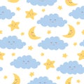 Seamless pattern of colorful smiling clouds, moon and stars on white background. Cartoon character in flat style. Royalty Free Stock Photo
