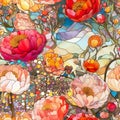 Seamless pattern with colorful stained-glass mosaic flowers. Repetition floral background. Generative AI Royalty Free Stock Photo
