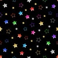 Seamless pattern colorful stars on black background isolated, shiny stars on dark night sky backdrop, starry space repeat ornament Royalty Free Stock Photo