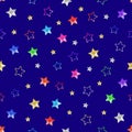 Seamless pattern colorful stars on blue background isolated, shiny stars on dark night sky backdrop, starry space repeat ornament Royalty Free Stock Photo