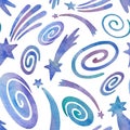 Seamless watercolor pattern with colorful stars, comets and galaxies on white background.