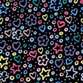 Seamless pattern of colorful stars, flowers and hearts of lilac, yellow, blue colors on a white background