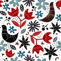 Seamless pattern with colorful stylized birds, flowers, decor elements. vector. Scandinavian style. folk ornament. hand drawing. Royalty Free Stock Photo