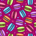 Seamless pattern of colorful sweet macarons cakes. French macaroons. Junk food background