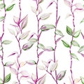 Seamless pattern of colorful tradescantia plant. Branches with leaves on light pink background. Watercolor hand drawn