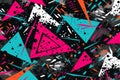 seamless pattern with colorful triangles and dots on a black background Royalty Free Stock Photo