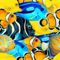 Seamless pattern of colorful tropical fish angelfish, clownfish, blue tang, hand drawn watercolor Royalty Free Stock Photo