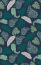 Seamless pattern colorful tropical leaves of trees on dark blue background, flat line vector illustration. Royalty Free Stock Photo