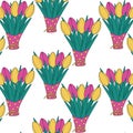 Seamless pattern of colorful tulip bouquet in wrapping paper in trendy bright shades pink and yellow Royalty Free Stock Photo