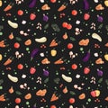 Seamless pattern with colorful vegetables on dark green background. Hand drawn vector illustration design. Natural organic food.