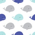 Seamless pattern with colorful whales in scandinavian style isolated on white