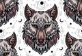 Seamless pattern with colorful wolf head and sacred symbols. Predator portrait in front with boho pattern. Tribal multicolor