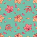 Seamless pattern with colorful yellow, and orange seasonal autum leaves on green background