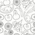 Seamless pattern coloring fruit watermelon, orange, kiwi, grapes