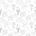 Seamless pattern coloring page with cake, ice cream, cupcake, candy, donuts, chocolate,waffle, pretzel, Lollipop and other dessert