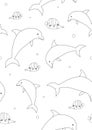 Seamless pattern or coloring page with dolphins and butterfly fish on a white background, outline vector stock illustration with a Royalty Free Stock Photo