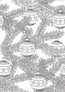 Seamless pattern or coloring page with needles of a christmas tree and balls for adults, outline or linear vector stock Royalty Free Stock Photo