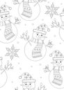 Seamless pattern or coloring page with snowmen as a concept for Christmas, winter, cold, outline vector stock illustration as a Royalty Free Stock Photo